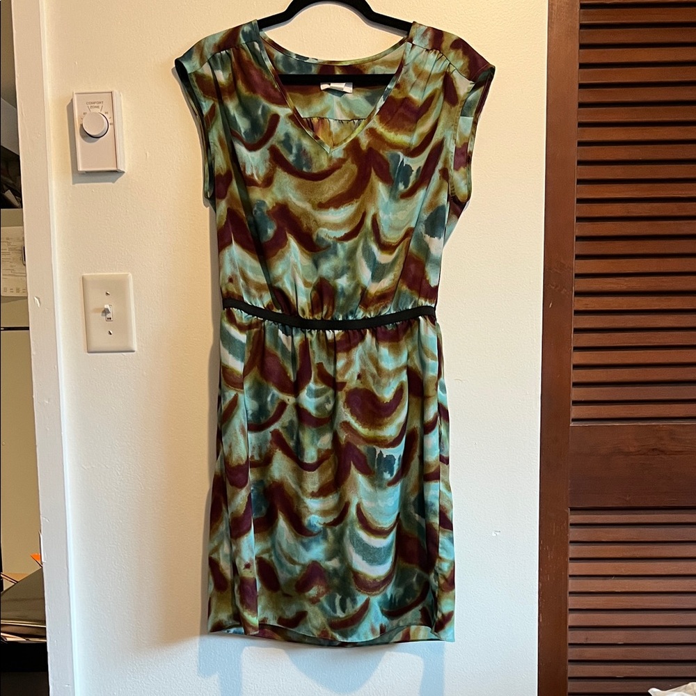 LOFT Teal and Maroon Wave Print Midi Dress